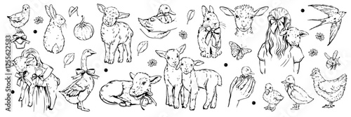 Cute farm domestic animals set, vector doodle easter lamb rabbit hand drawn illustration little girl. Country village pets line clipart, chicken, goose, lovely little cow. Nature farm animals sketch