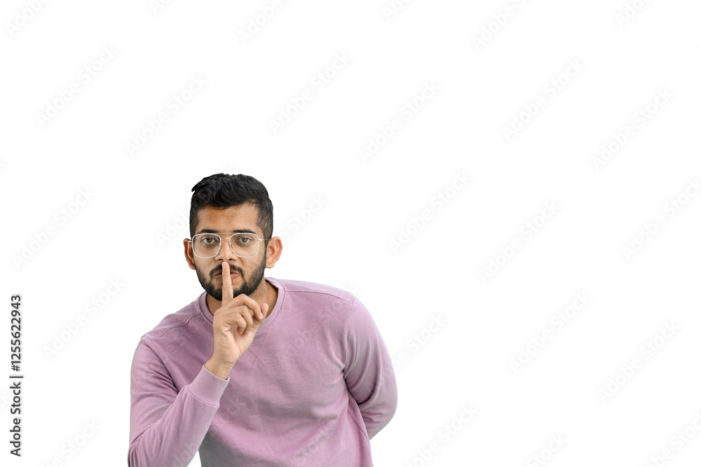 A man, on a white background, in close-up, shows a sign of silence A man, on a white background, in close-up, shows a sign of silence