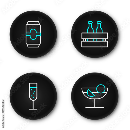 Set line Cocktail, Glass of champagne, Pack beer bottles and Beer can icon. Vector