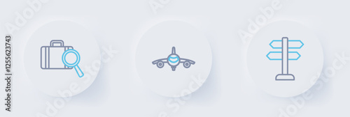 Set line Road traffic sign, Plane and Lost baggage icon. Vector