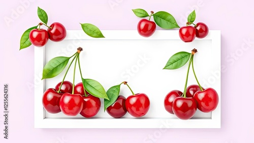 Fresh Red Cherries in White Frame Summer Fruit Food Photography