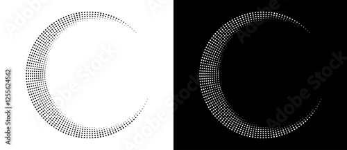 Modern abstract background. Halftone dots in circle form. Letter C like logo, icon or design element. Black dots on a white background and white dots on the black side.