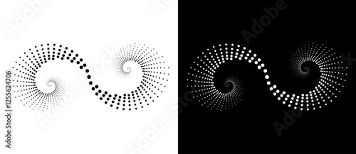Spiral as halftone dotted abstract infinity symbol. Black shape on a white background and the same white shape on the black side.