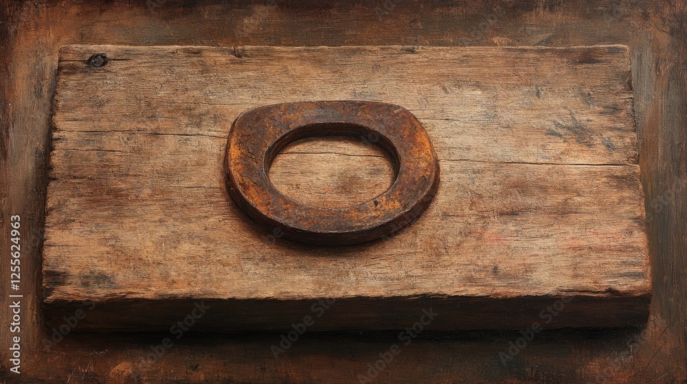 A weathered, rusty horseshoe resting on an old wooden board, evoking a sense of rustic charm and vintage history A weathered, rusty horseshoe resting on an old wooden board, evoking a sense of rustic charm and vintage history