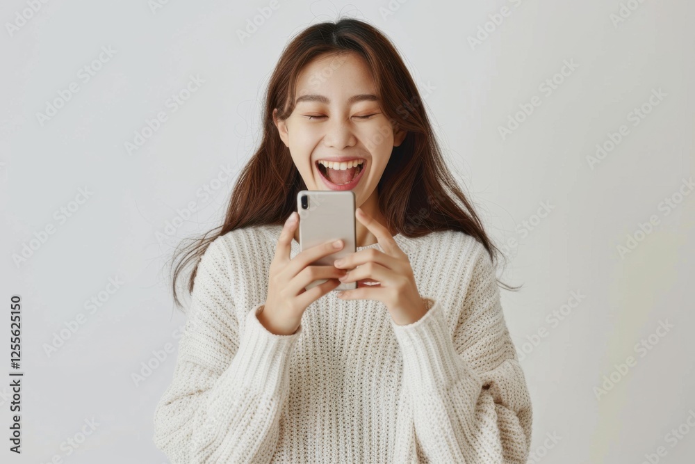 Elated Asian woman holding her smartphone, celebrating her big win with a wide smile, white backdrop Elated Asian woman holding her smartphone, celebrating her big win with a wide smile, white backdrop