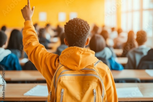 A motivated secondary student raising their hand in class to answer a question