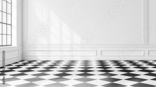 Bright Minimalist Interior with Black and White Checkered Floor and Abundant Natural Light