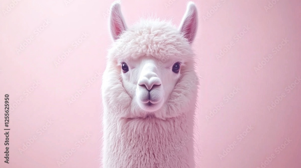 Charming Close-Up Portrait of a White Alpaca Against a Soft Pink Background Charming Close-Up Portrait of a White Alpaca Against a Soft Pink Background