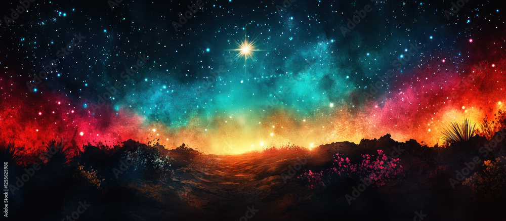 Fototapeta premium Cosmic Landscape with Vibrant Colors and Starry Night Sky