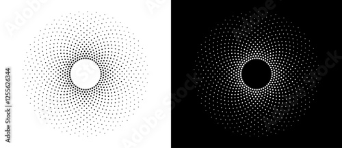 Art sun background. Icon template or logo with halftone dotted lines. Black shape on a white background and the same white shape on the black side.