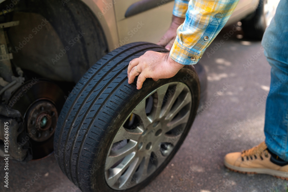 Obraz premium Man replaces tire on a car while parked on a roadside during daylight