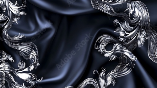 Silver Filigree Design on Dark Blue Silk Fabric