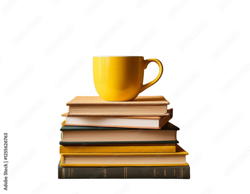 A stack of books with a yellow coffee cup on top, creating a cozy and inviting reading atmosphere. A stack of books with a yellow coffee cup on top, creating a cozy and inviting reading atmosphere.
