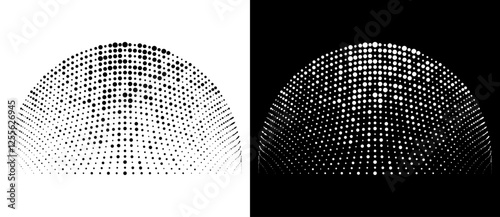 Modern abstract background. Halftone dots in semicircle. Vector dotted round logo. Design element or icon. Black dots on a white background and white dots on the black side.