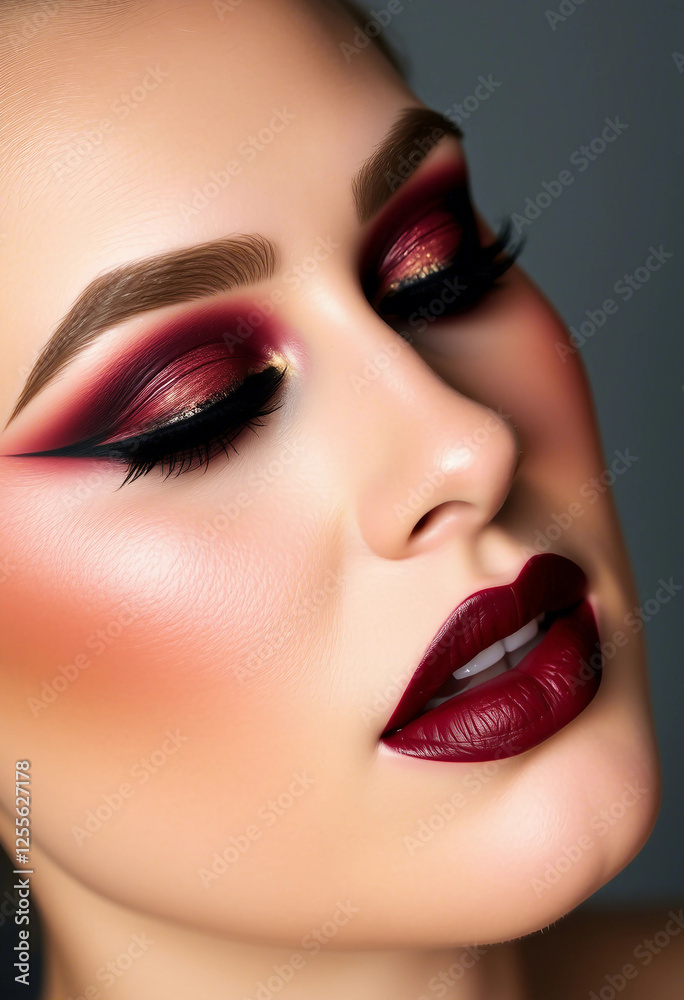 Detail of a vibrant, expertly applied makeup style featuring bold eyeshadow, defined eyeliner, and rich lipstick colors. Perfect for makeup concepts, beauty editorials, or cosmetic product advertiseme Detail of a vibrant, expertly applied makeup style featuring bold eyeshadow, defined eyeliner, and rich lipstick colors. Perfect for makeup concepts, beauty editorials, or cosmetic product advertiseme