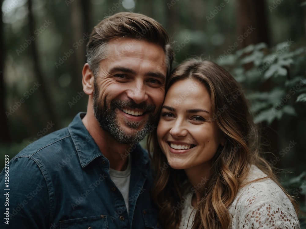 Joyful Young Couple Embracing Love in a Beautiful Outdoor Portrait in the Woods Joyful Young Couple Embracing Love in a Beautiful Outdoor Portrait in the Woods