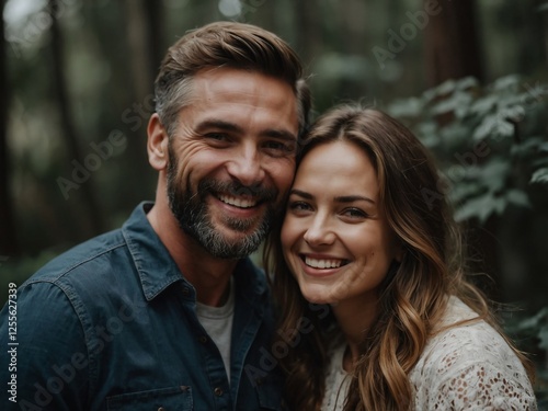 Joyful Young Couple Embracing Love in a Beautiful Outdoor Portrait in the Woods