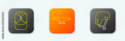 Set line Baseball cap, Skateboard wheel and helmet icon. Vector