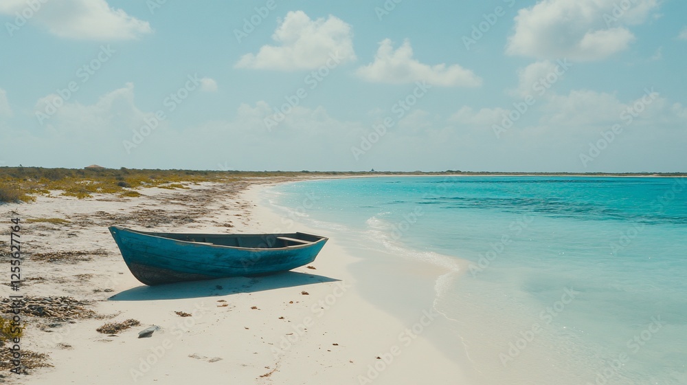 Blue boat on pristine beach, turquoise water, sunny day Blue boat on pristine beach, turquoise water, sunny day