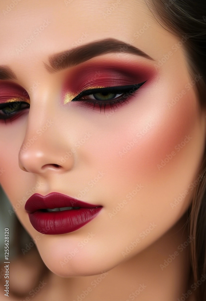 Detail of a vibrant, expertly applied makeup style featuring bold eyeshadow, defined eyeliner, and rich lipstick colors. Perfect for makeup concepts, beauty editorials, or cosmetic product advertiseme Detail of a vibrant, expertly applied makeup style featuring bold eyeshadow, defined eyeliner, and rich lipstick colors. Perfect for makeup concepts, beauty editorials, or cosmetic product advertiseme