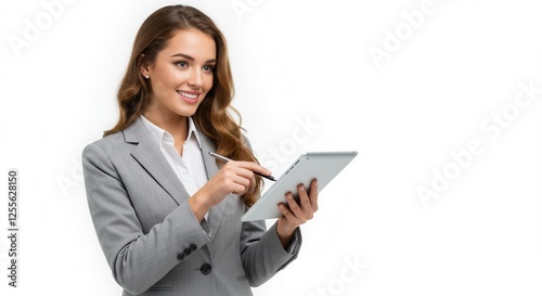 Young successful employee IT business woman corporate lawyer wears classic formal shirt tie work in office hold use digital tablet pc computer isolated on plain pastel blue background studio portrait