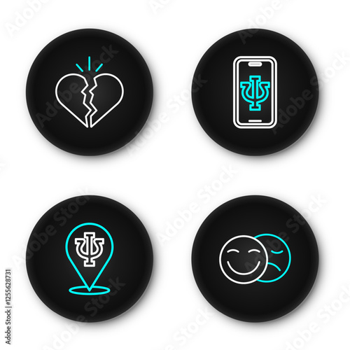 Set line Comedy and tragedy masks, Psychology, Psi, Psychologist online and Broken heart or divorce icon. Vector