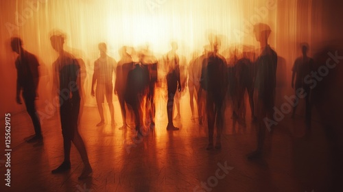 Abstract forms in motion, figures blurred by speed, a visual study in motion. Silhouettes merge and shift, revealing a dynamic atmosphere.