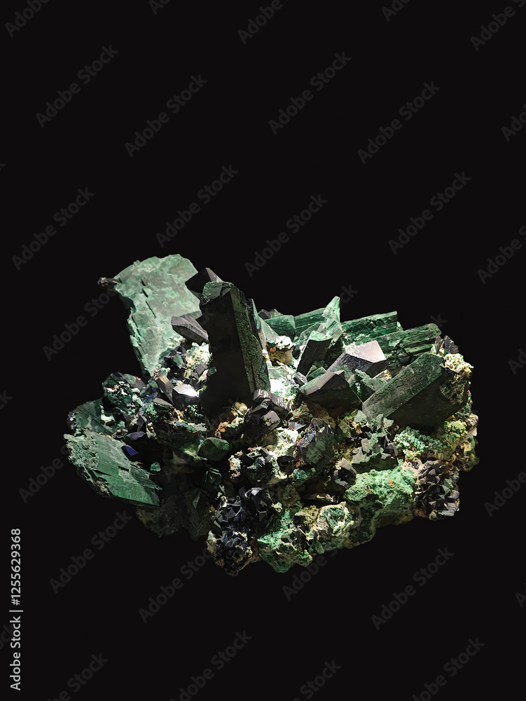Close-Up View of Azurite and Malachite Mineral Specimen on Dark Background Close-Up View of Azurite and Malachite Mineral Specimen on Dark Background