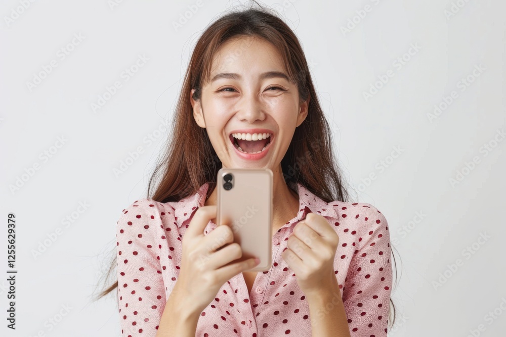 Elated Asian woman holding her smartphone, celebrating her big win with a wide smile, white backdrop Elated Asian woman holding her smartphone, celebrating her big win with a wide smile, white backdrop