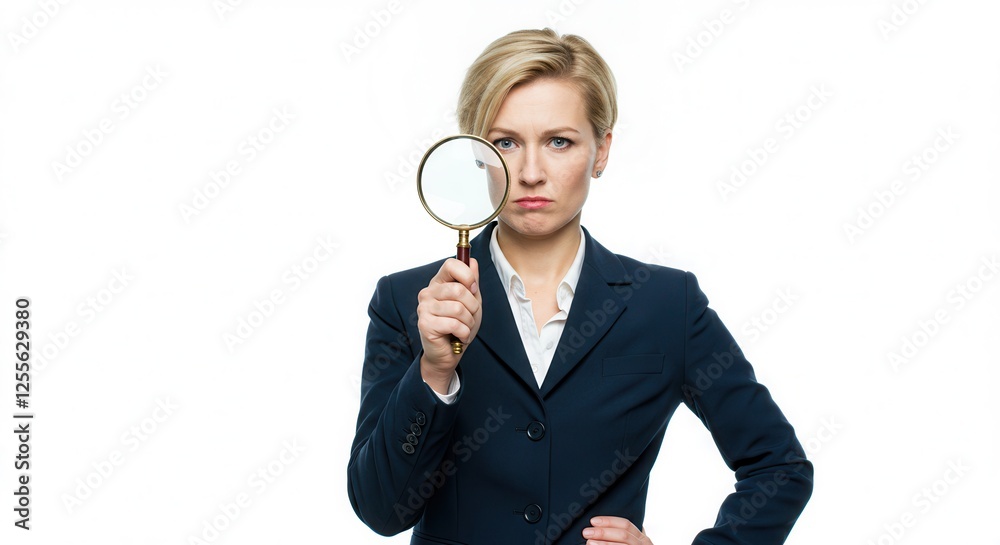 Serious young female detective holding magnifying glass by right eye while standing in front of camera in isolation Serious young female detective holding magnifying glass by right eye while standing in front of camera in isolation
