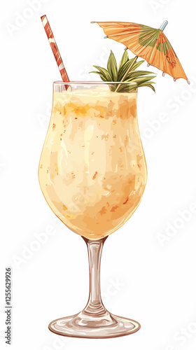 Pina Colada cocktail with pineapple slice, straw and umbrella. A glass of alcoholic drink isolated on white background. Vector illustration