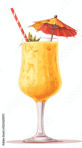 Pina Colada cocktail with pineapple slice, straw and umbrella. A glass of alcoholic drink isolated on white background. Vector illustration