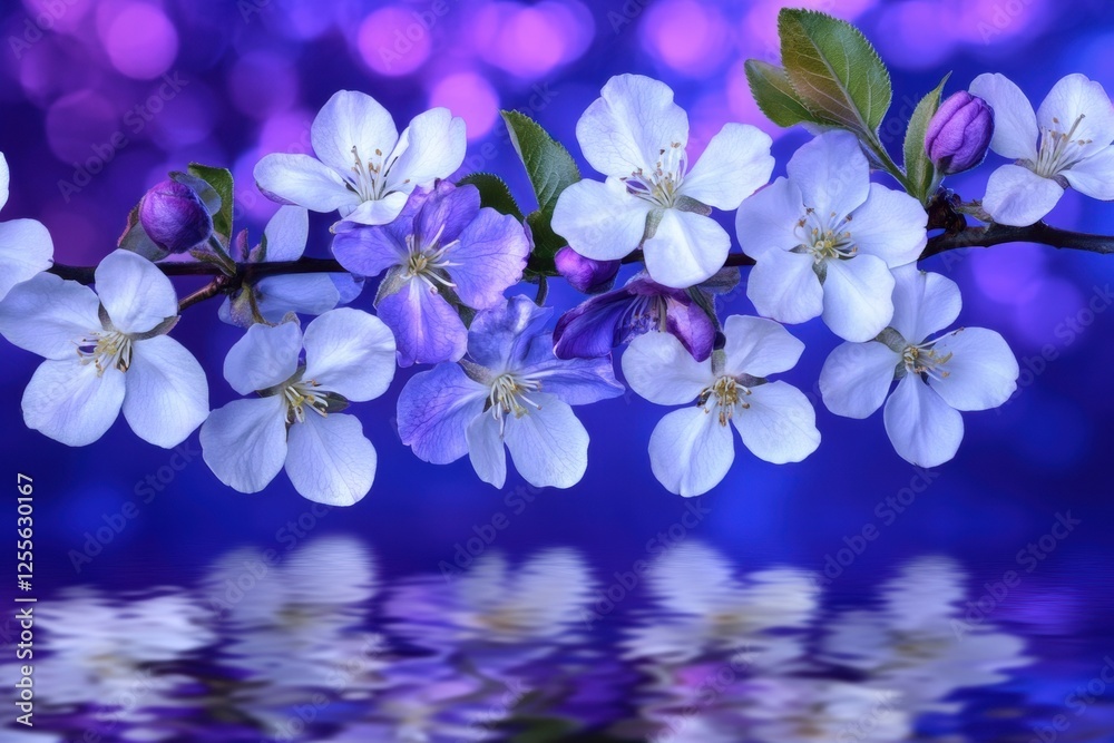Delicate Blue and Purple Blossoms Reflecting on Calm Water under a Soft Focus Background Delicate Blue and Purple Blossoms Reflecting on Calm Water under a Soft Focus Background