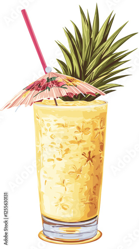 Pina Colada cocktail with pineapple slice, straw and umbrella. A glass of alcoholic drink isolated on white background. Vector illustration