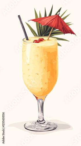 Pina Colada cocktail with pineapple slice, straw and umbrella. A glass of alcoholic drink isolated on white background. Vector illustration