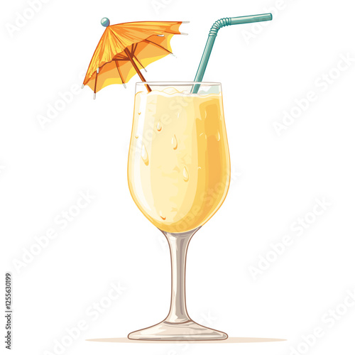 Pina Colada cocktail with pineapple slice, straw and umbrella. A glass of alcoholic drink isolated on white background. Vector illustration