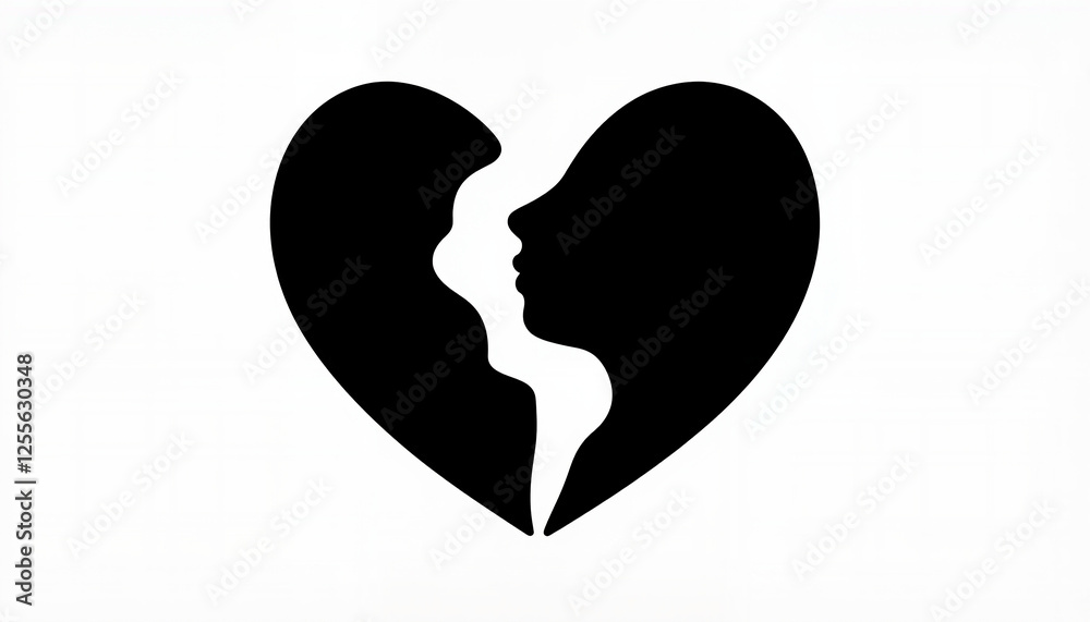 Silhouette heart with profiles, black and white design, love symbolism Silhouette heart with profiles, black and white design, love symbolism