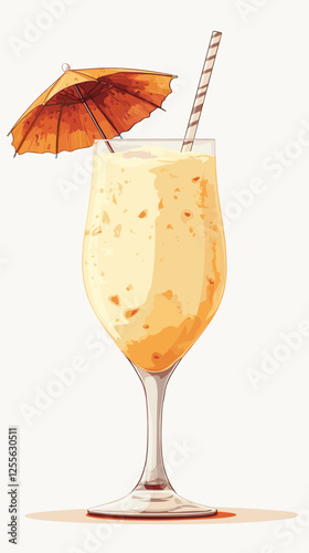 Pina Colada cocktail with pineapple slice, straw and umbrella. A glass of alcoholic drink isolated on white background. Vector illustration
