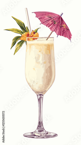 Pina Colada cocktail with pineapple slice, straw and umbrella. A glass of alcoholic drink isolated on white background. Vector illustration