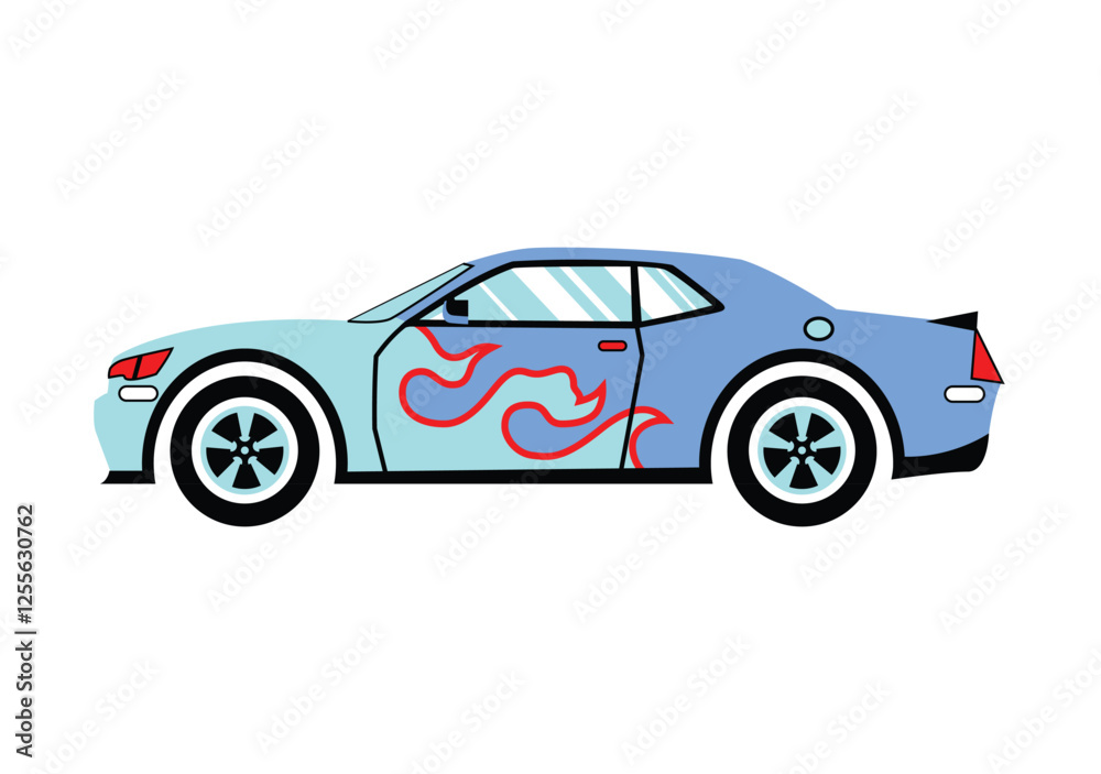 Fototapeta premium Colorful cartoon illustration of a light blue sports car with flame graphics.