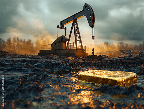 An oil pump, pumping oil, splashes flying in different directions. Nearby lie gold bars. Oil black gold concept. Generative Ai