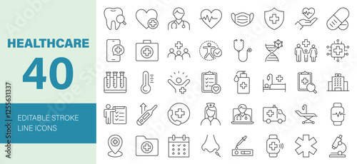 Healthcare Line Editable Icons set. Vector illustration for web and mobile app. Medical related icons: health, pediatrics, doctor, emergency, treatment, diagnosis, report, illness, injury and more.