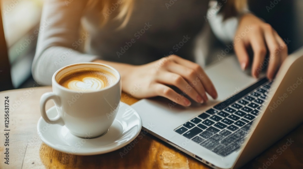 Woman working on laptop with coffee, enjoying a productive break Woman working on laptop with coffee, enjoying a productive break