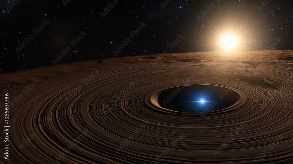Fototapeta premium A celestial body with concentric rings and a bright star in the background, casting a warm glow over the rough terrain.