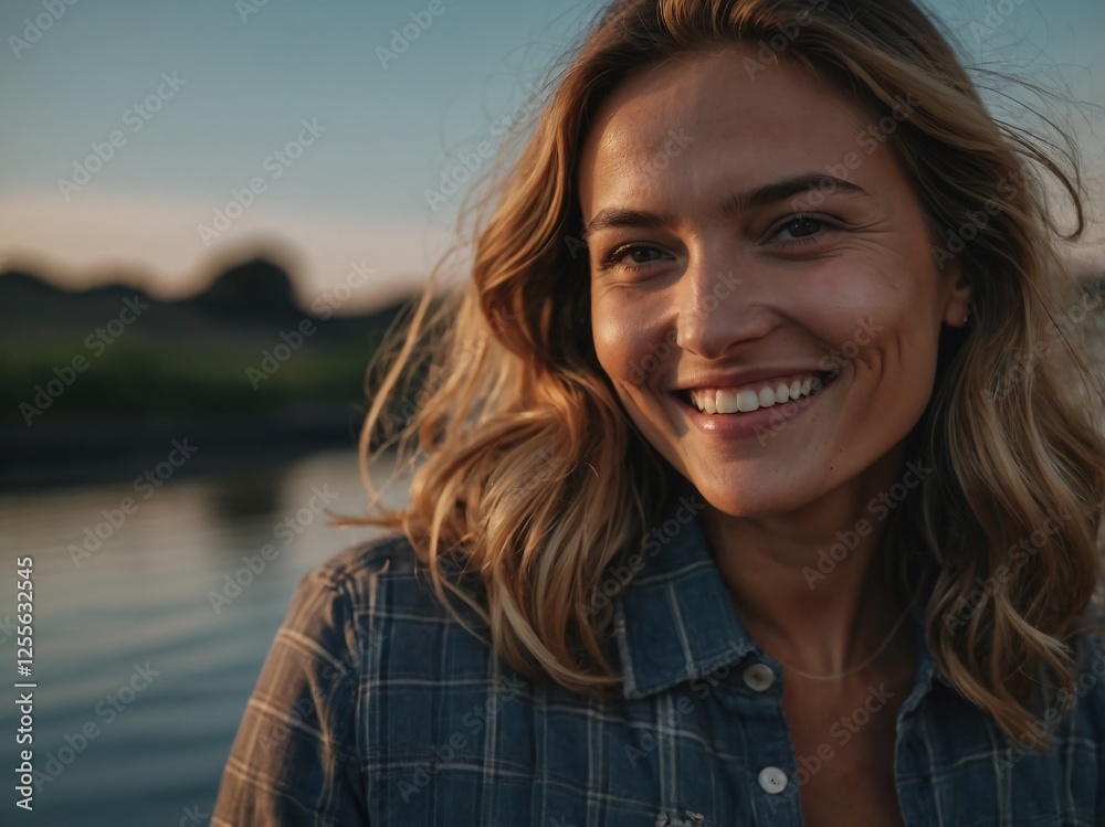 Smiling Woman Portrait in Nature with Relaxed Expression and Golden Hour Glow Smiling Woman Portrait in Nature with Relaxed Expression and Golden Hour Glow