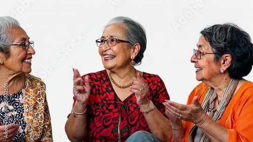 Elderly Hispanic women share meaningful family stories, fostering connection and nostalgia against a clean white backdrop.