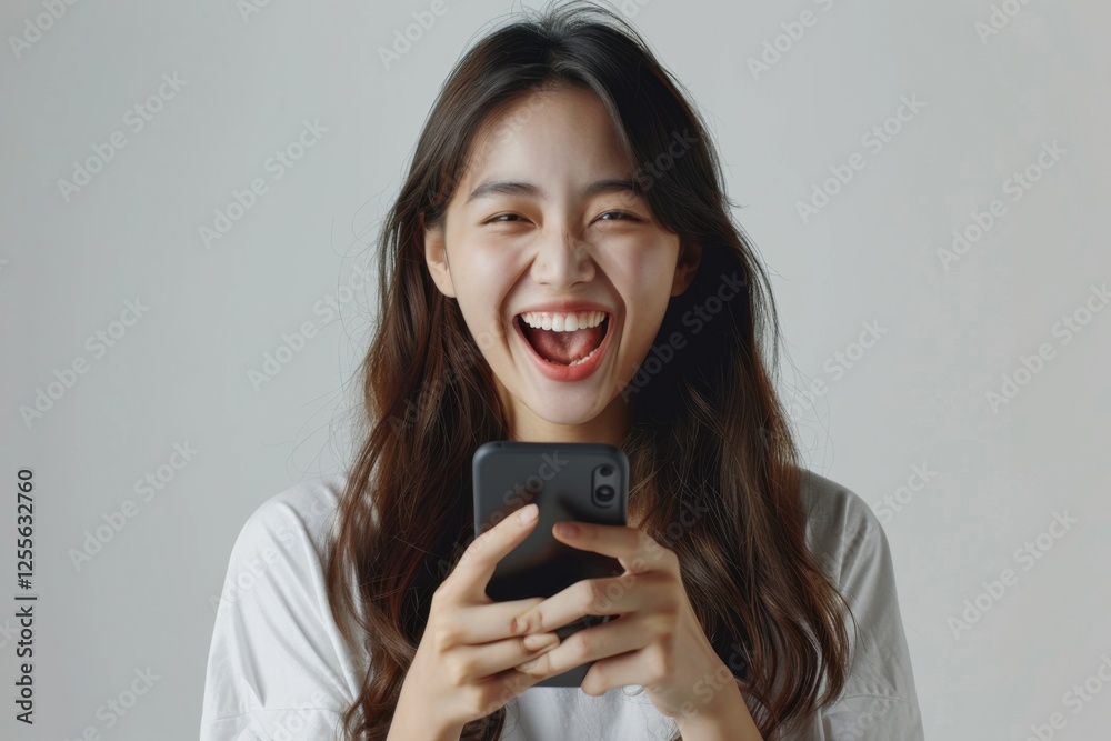 Elated Asian woman holding her smartphone, celebrating her big win with a wide smile, white backdrop Elated Asian woman holding her smartphone, celebrating her big win with a wide smile, white backdrop