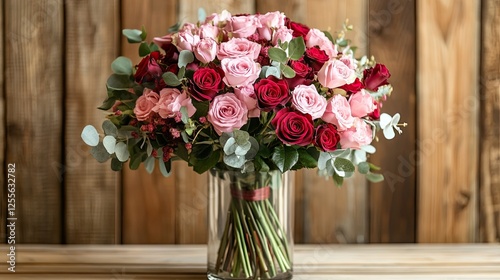 A beautiful bouquet of pink and red roses in a glass vase. 