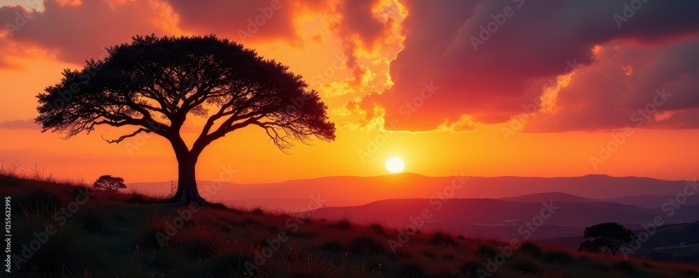Ancient Acacia tree, Taita Hills, Kenya Majestic silhouette against sunset , environment, desert, leaves Ancient Acacia tree, Taita Hills, Kenya Majestic silhouette against sunset , environment, desert, leaves