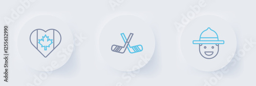 Set line Canadian ranger hat, Ice hockey sticks and Heart shaped Canada flag icon. Vector